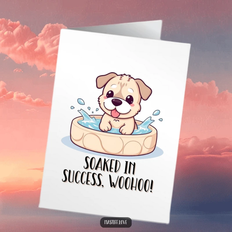 Funny free printable congratulations card showing a happy kawaii mastiff gleefully splashing water in a doggy pool.