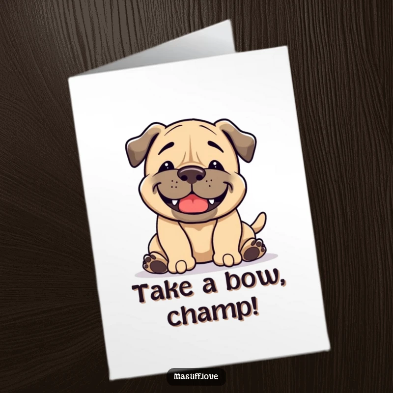 Funny Free Printable Congrats Card: A mastiff with a huge grin performs a delightful playful bow.