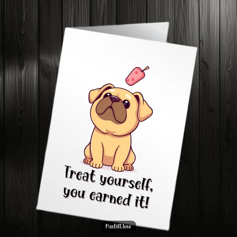 Funny Free Printable Congrats Card: Floppy-eared mastiff looks up with hopeful eyes at a hovering treat.
