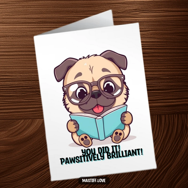 Funny Free Printable Congratulations Card: Mastiff wearing glasses reads a book, celebrating success with wit.