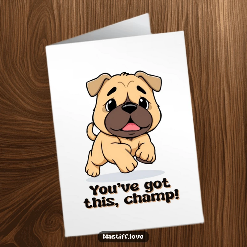 Funny free printable congratulations card of a mastiff tripping over its big paws, perfect for celebrating wins with humor.