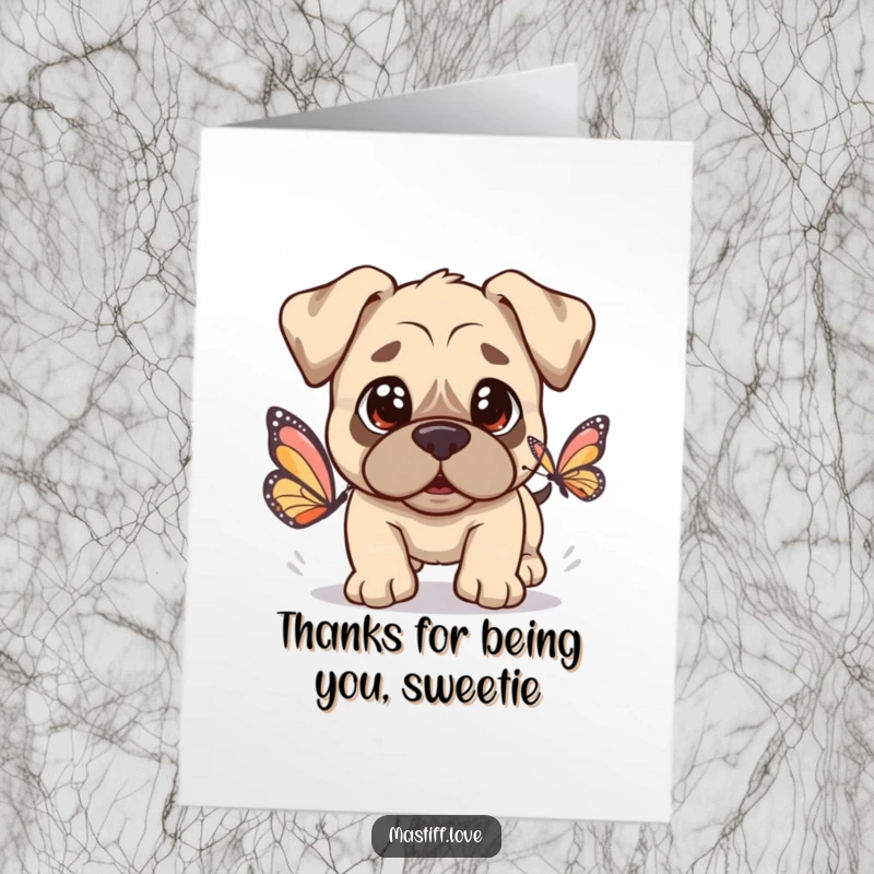 Funny Free Printable Kawaii Mastiff Thank You Card: A cute mastiff with innocent eyes, chasing a butterfly in gratitude.