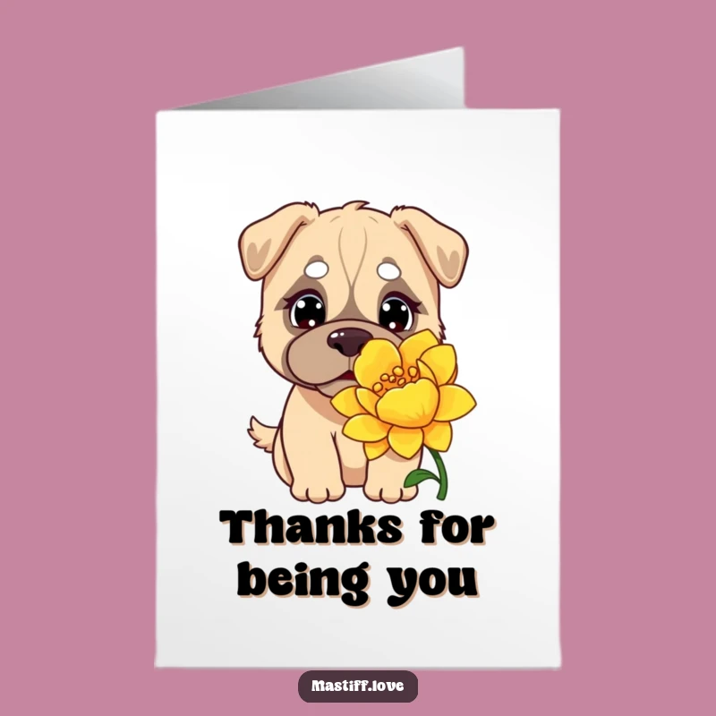 Free Printable Kawaii Mastiff Thank You Card: Grateful Sniffing Flower Downloadable