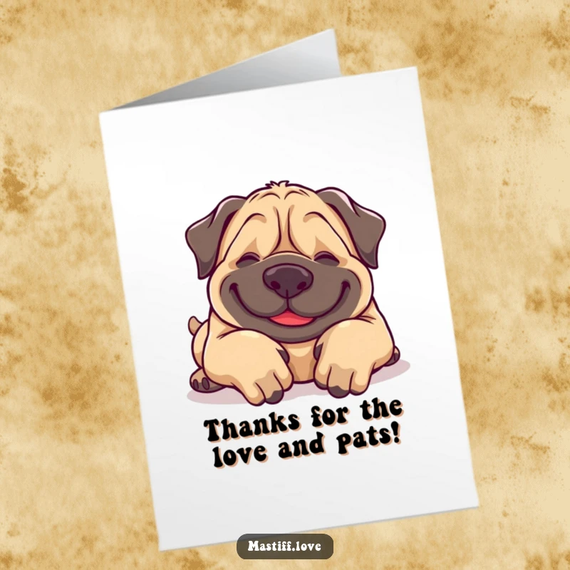 Funny Free Printable Thank You Card: Giggling Mastiff rolls with joy, ready for belly rubs as a thank you.