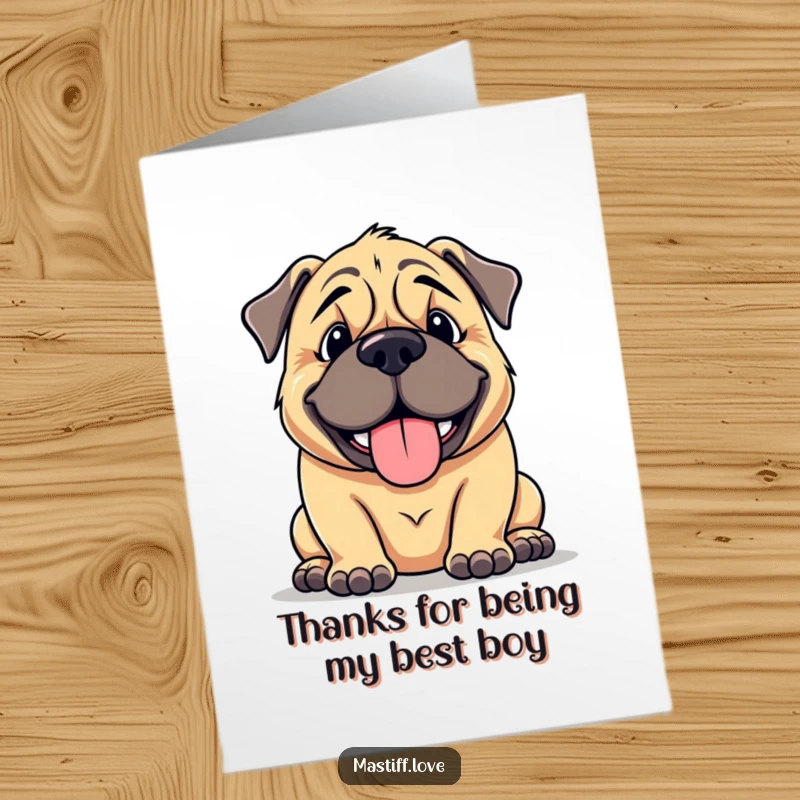 Funny Free Printable Thank You Card: A large, cuddly mastiff with a goofy smile panting happily, offering heartfelt thanks.