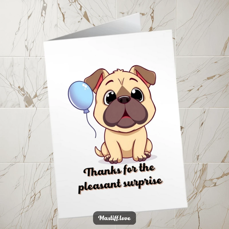 Funny Free Printable Thank You Card: A mastiff with wide, innocent eyes looking up in surprise at a floating balloon. Thankful dog art.