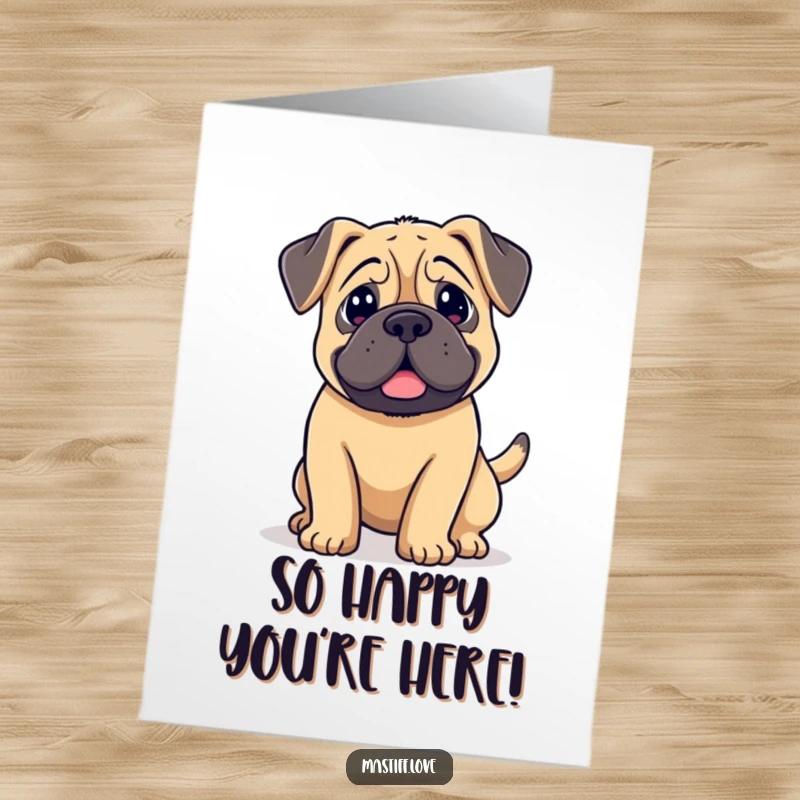 Funny Free Printable Thank You Card: Kawaii mastiff with droopy ears, tail a blur of happy wagging, showing appreciation.
