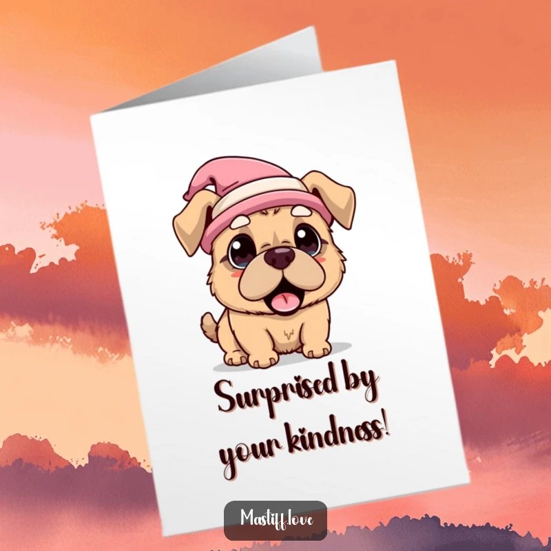 Funny free printable thank you card with a kawaii mastiff in a silly hat looking comically surprised.