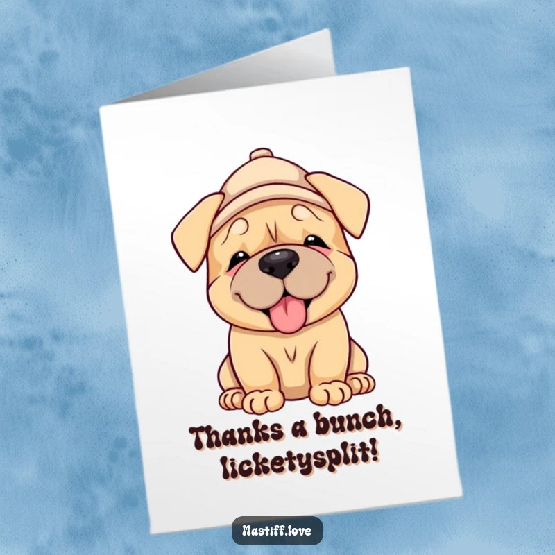 Funny Free Printable Thank You Card: A charming mastiff puppy in a hat gives a thankful, gentle lick. Express gratitude with puppy love.