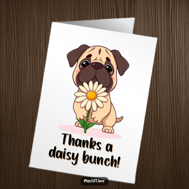 Funny Free Printable Thank You Card: A mastiff carefully tries to balance a single big daisy.