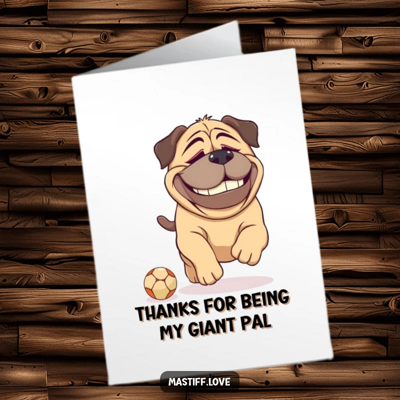 Funny Free Printable Thank You Card: Large mastiff with dopey grin chasing a tiny ball, expressing thanks with humor.