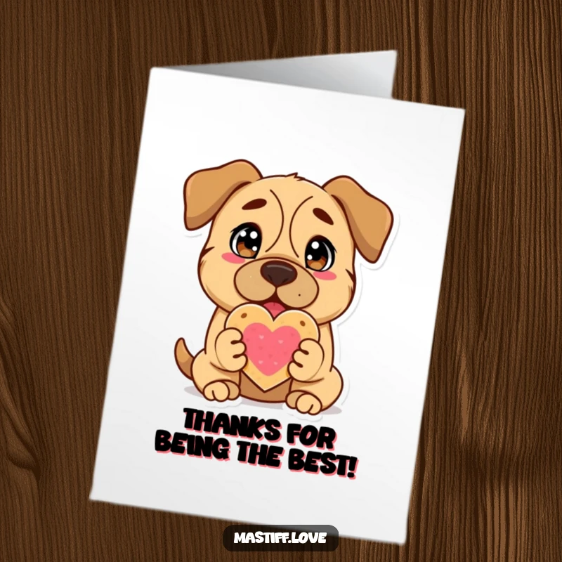 Funny free printable thank you card: a delighted mastiff presents a heart-shaped cookie, conveying heartfelt gratitude.