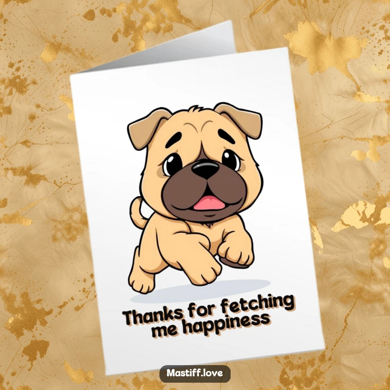 Funny free printable thank you card: a mastiff with big paws stumbles adorably while running, saying thanks.