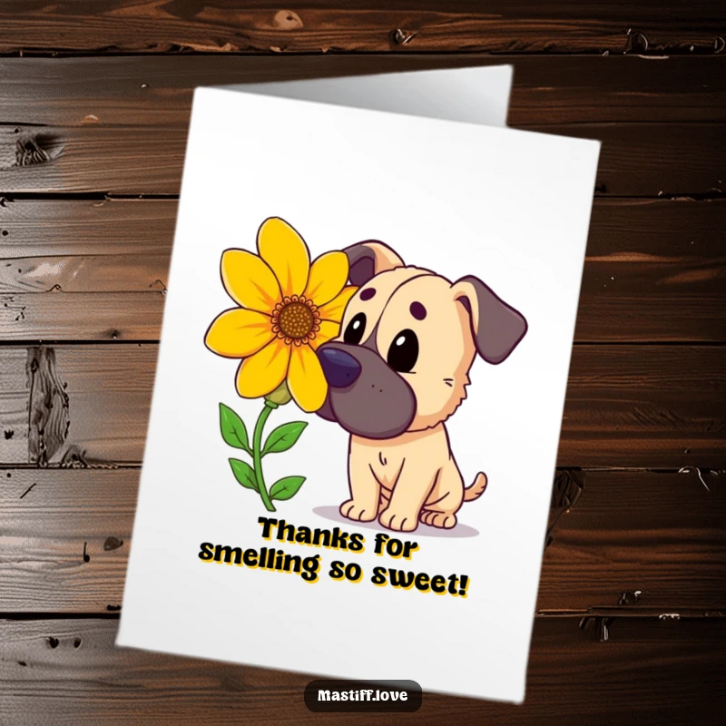 Funny Free Printable Thank You Card: A curious mastiff gently sniffs a large, bright flower, conveying thanks with charm. Download this card!