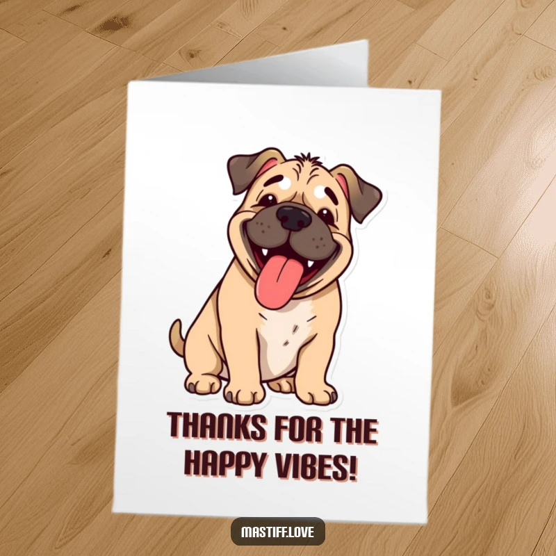 Funny Free Printable Thank You Card: A happy mastiff pants with joy, tongue out, conveying sincere thanks. Download this card!