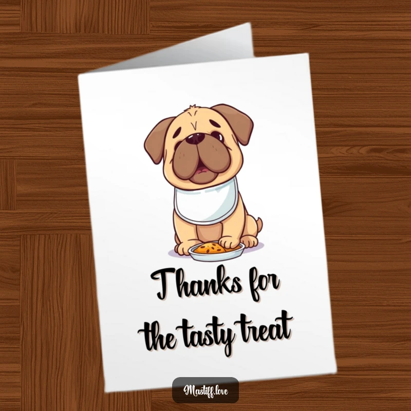 Funny Free Printable Foodie Mastiff Thank You Card: A kawaii mastiff wearing a bib, looks excitedly at food, expressing thanks.