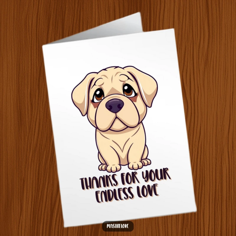 Funny Free Printable Thank You Card: A gentle mastiff with droopy eyes looking up with utter adoration, offering thanks.