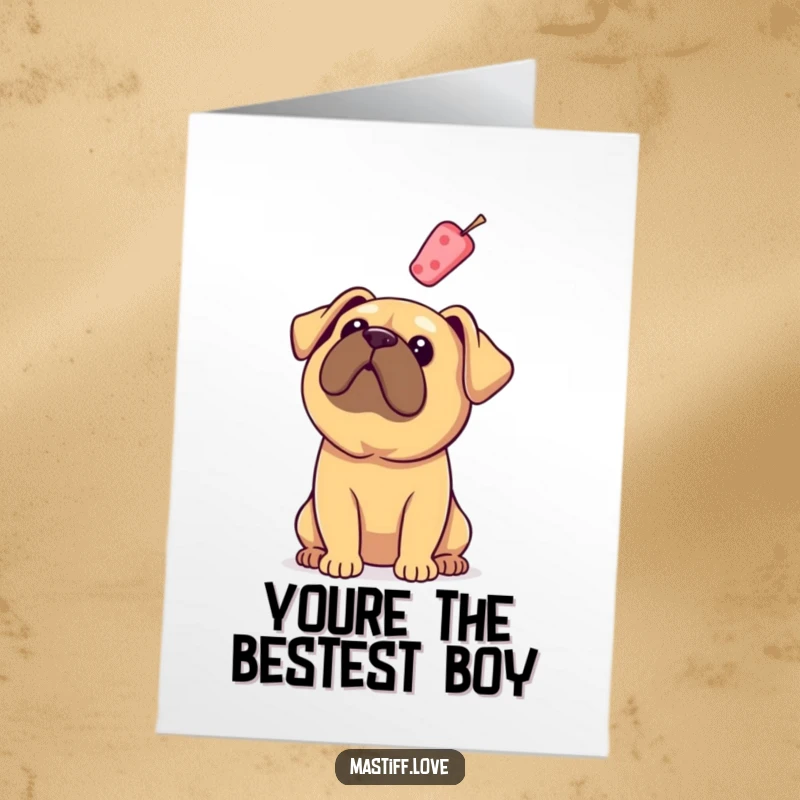 Funny Free Printable Thank You Card: A mastiff with droopy ears gazes up adoringly at a floating treat.