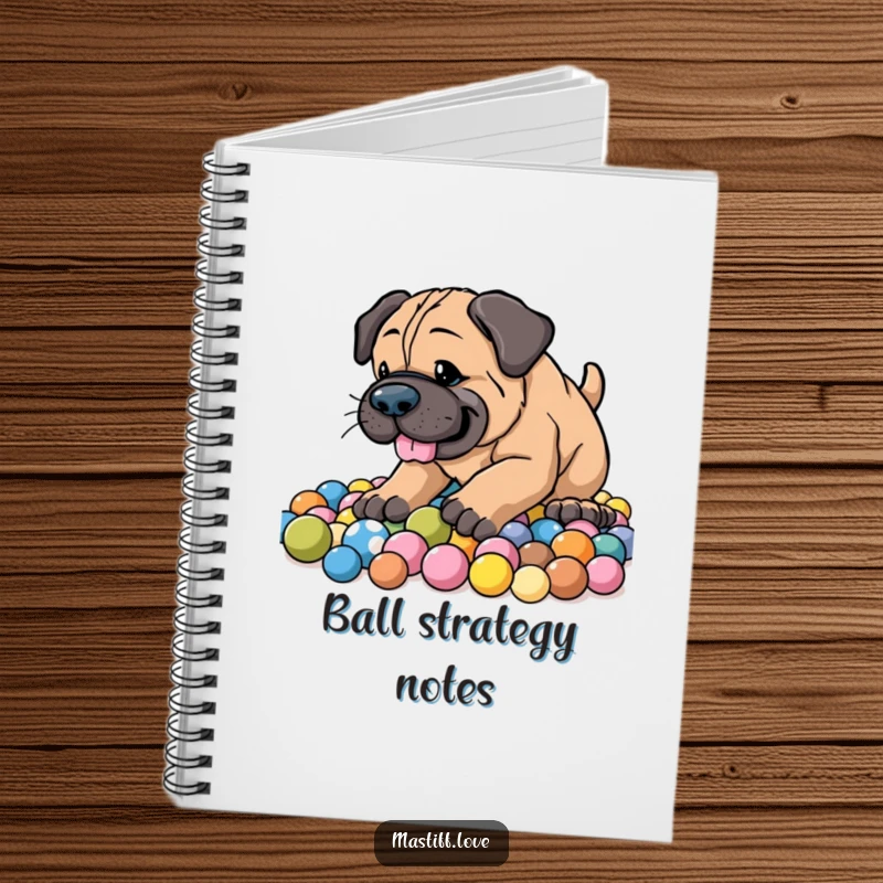 Funny Energetic Mastiff Notebook cover showing an enthusiastic dog digging joyfully in a pile of colorful balls with a happy, playful look.