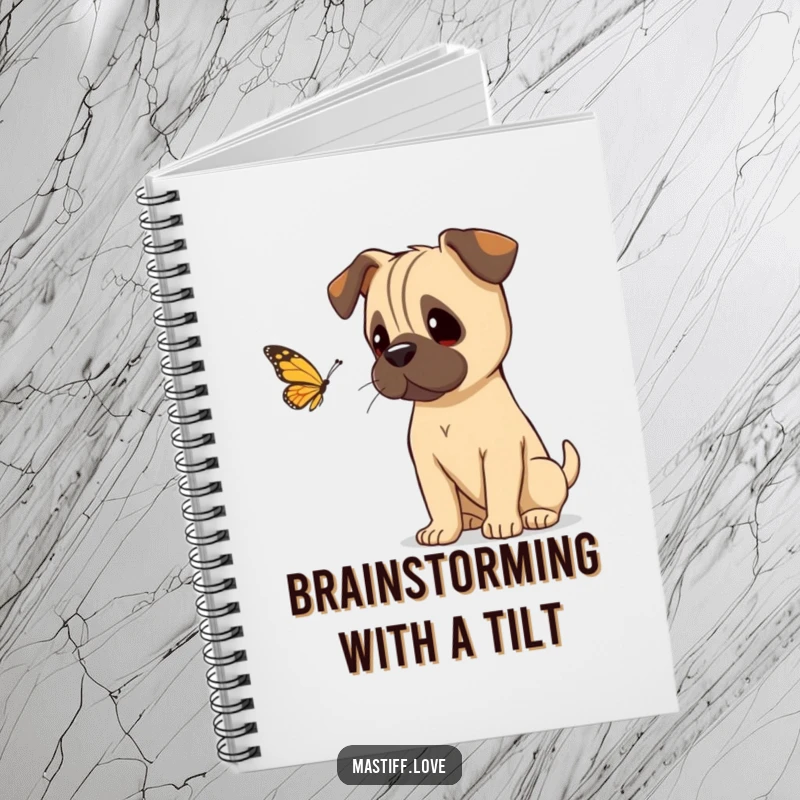 Funny mastiff tilting its head curiously, watching a butterfly, on a notebook cover for thoughtful note-taking.
