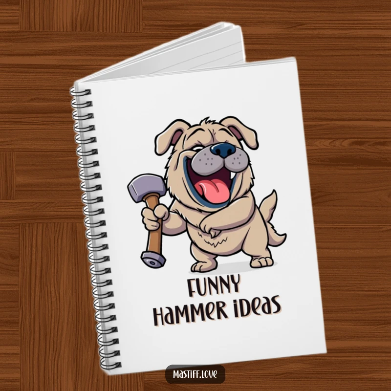 Funny Jovial Mastiff Notebook cover showing a happy dog roaring with laughter while holding a giant squeaky hammer with a gleeful look.