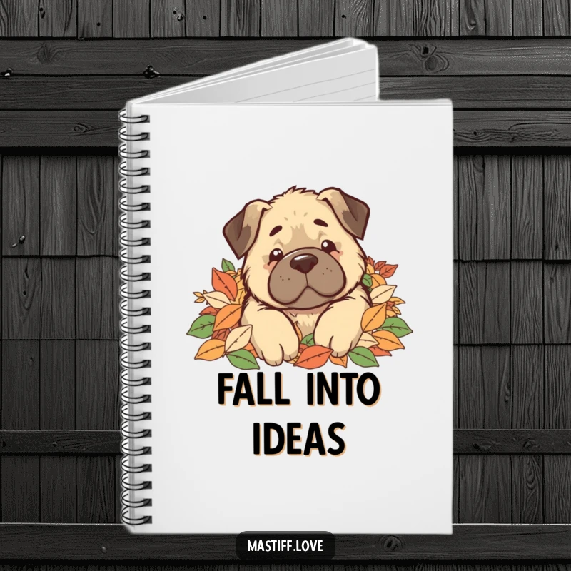 Funny Notebook cover with a kawaii mastiff dog buried in a heap of autumn leaves, looking comically overwhelmed.