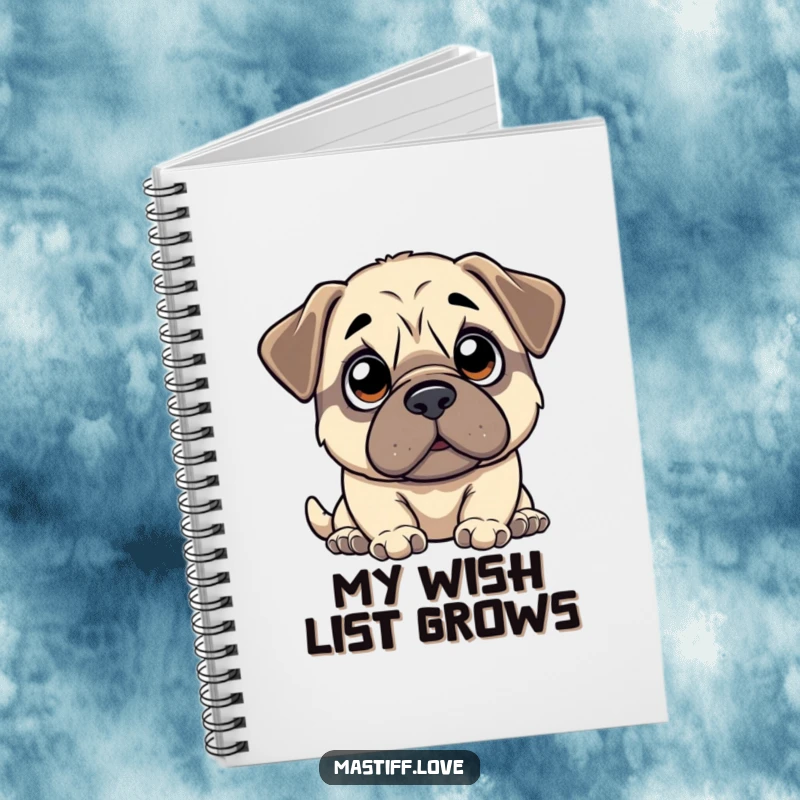 Funny kawaii mastiff notebook depicting a cute mastiff with wide, innocent eyes looking up with anticipation, ideal for notes and journals.
