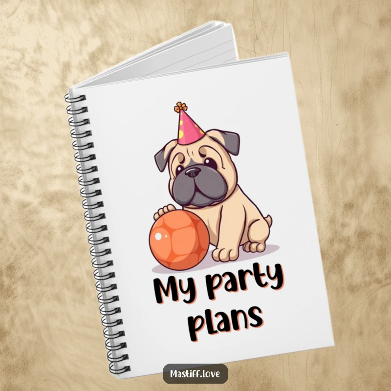 Funny notebook cover depicting a kawaii Mastiff wearing a small party hat, playing with a large ball.