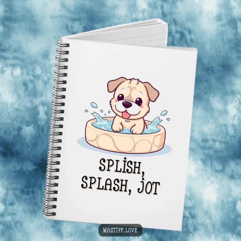Funny Notebook cover showcasing a kawaii mastiff dog happily splashing in a doggy pool, ready for your notes.