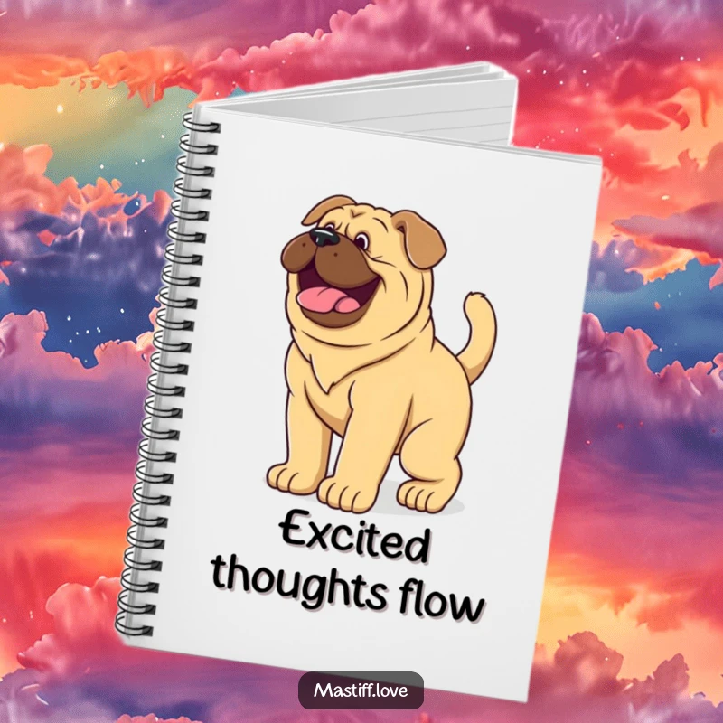 Funny Notebook with a giant mastiff puppy wagging its tail vigorously, inspiring happy and energetic writing.