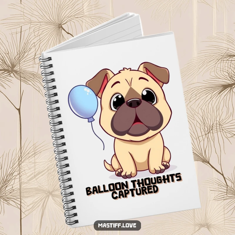 Funny Surprised Mastiff Notebook cover showing a dog with wide, innocent eyes looking up in amazement at a floating balloon.
