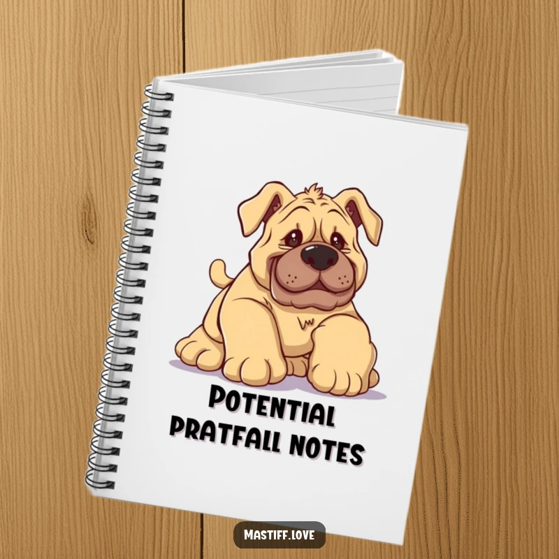Funny Mastiff Notebook cover showing a silly dog hilariously tripping over its own big paws with a comical expression.
