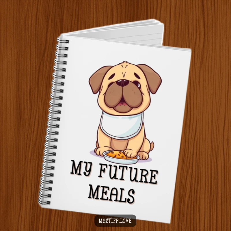 Hungry Kawaii Mastiff Notebook with a cute dog in a tiny bib, looking excitedly at food, perfect for notes.