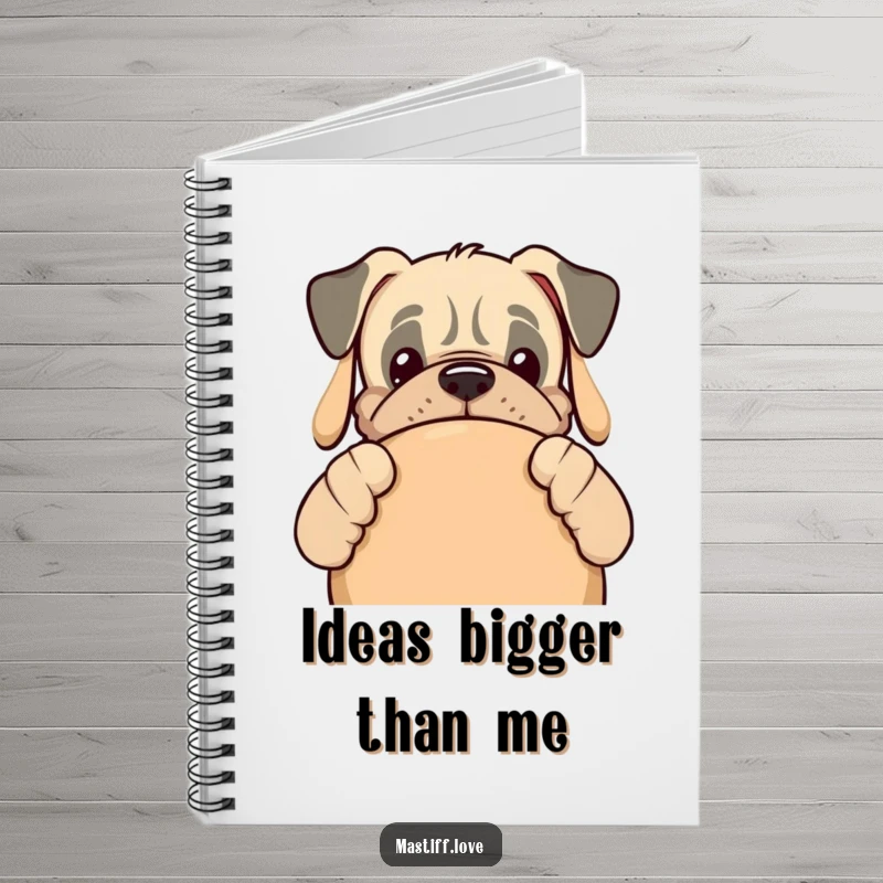 Funny kawaii mastiff dog peeking out from behind a giant dog toy on the cover of a lined notebook.