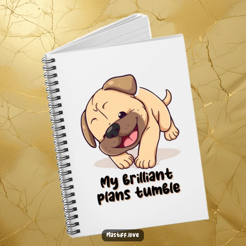 Funny Mastiff puppy notebook showing a small dog hilariously tumbling head over paws with a smile, good for note-taking.