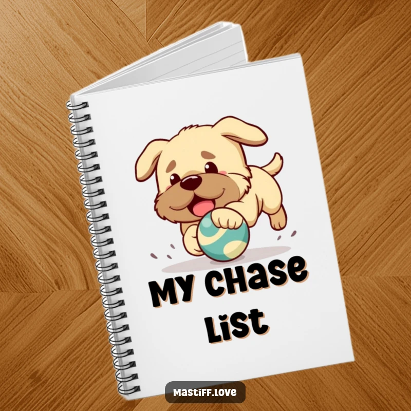 Funny notebook cover featuring a Kawaii mastiff puppy playfully chasing a bouncing toy, inspiring creativity.