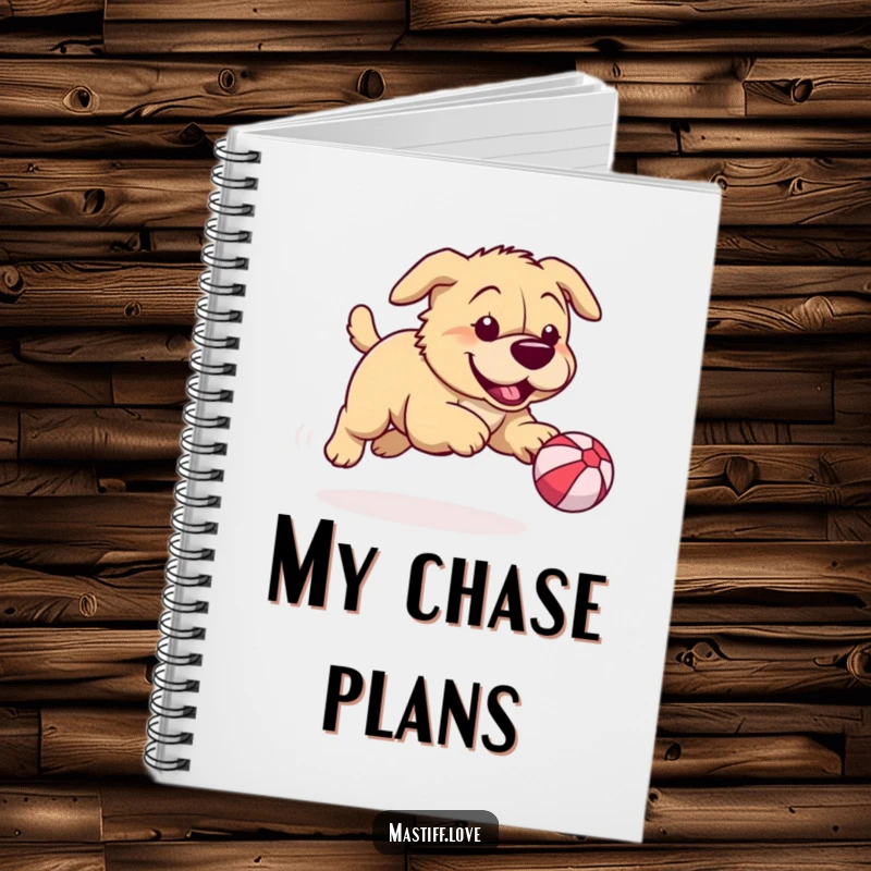 Funny mastiff notebook featuring a playful dog chasing a tiny bouncy ball, designed for journaling with canine energy and humor.
