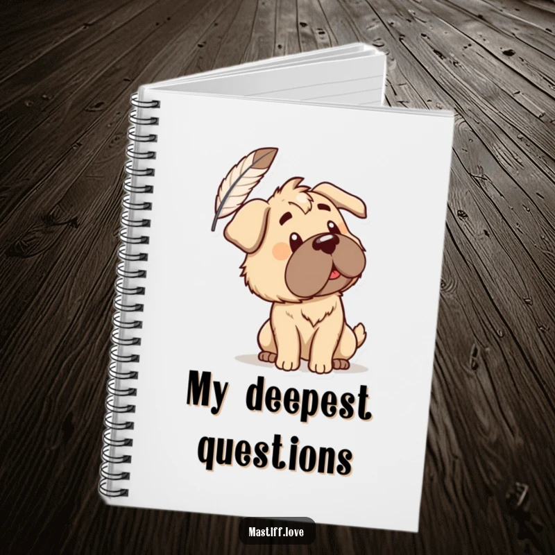 Funny Notebook: A curious mastiff tilts its head at a floating feather, inspiring thoughtful journaling. A humorous notebook for capturing ideas.