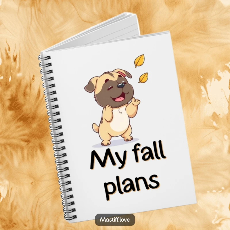 Funny playful mastiff, trying to catch a falling leaf, a fun notebook for autumn ideas, perfect funny gift.