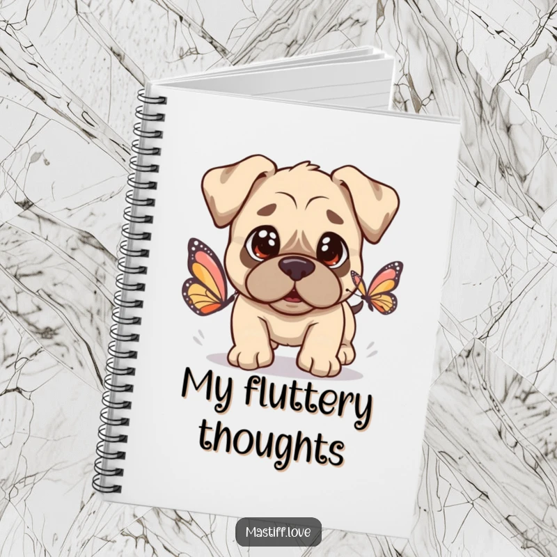 Kawaii Mastiff Notebook with a cute dog and innocent eyes chasing a butterfly, perfect for journaling.