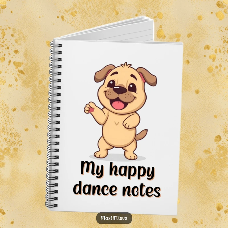 Funny notebook with a happy mastiff doing a silly wiggle dance, ideal for jotting down notes with energetic humor.