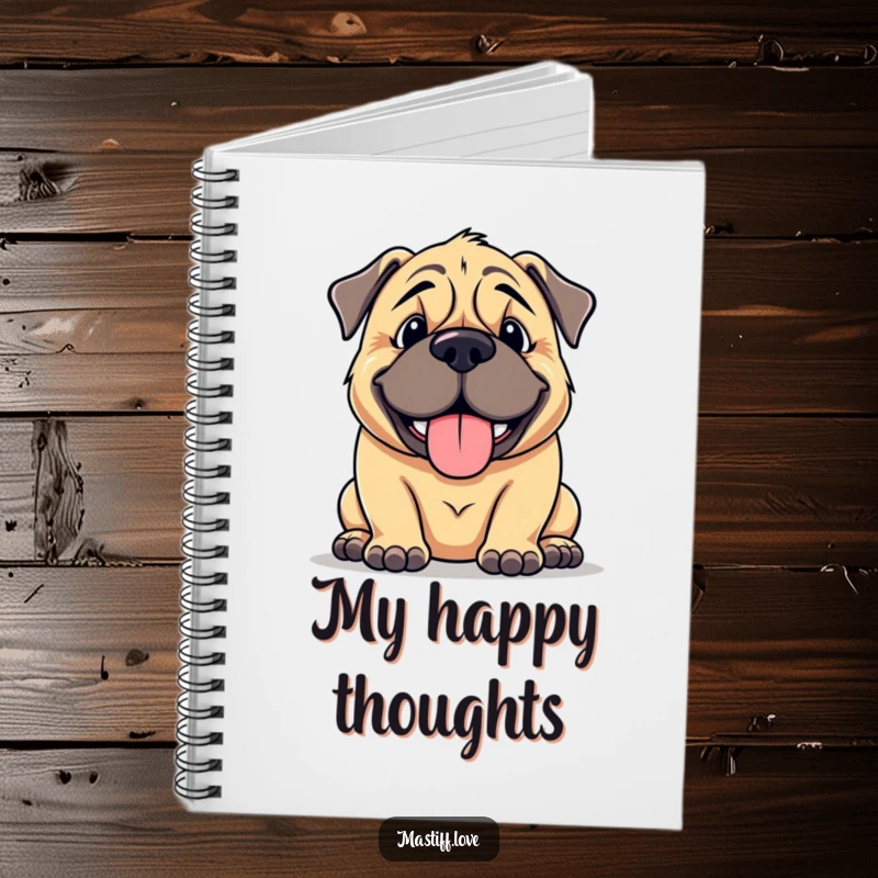 Funny mastiff notebook featuring a large, cuddly dog with a goofy smile, panting happily, designed for note-taking with canine charm.