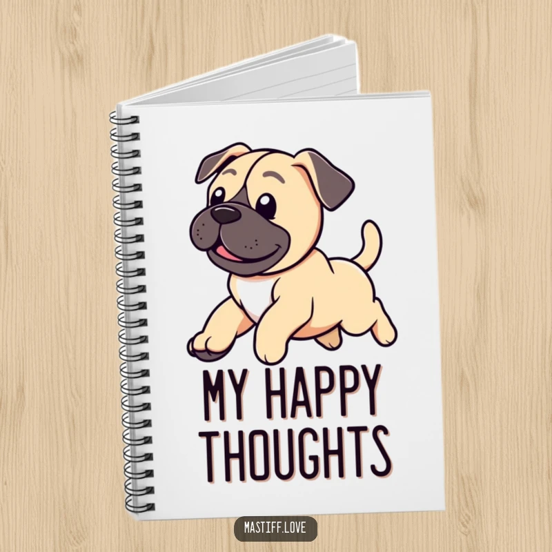 Funny notebook cover featuring a happy mastiff puppy caught mid-leap, its tail wagging with pure delight.