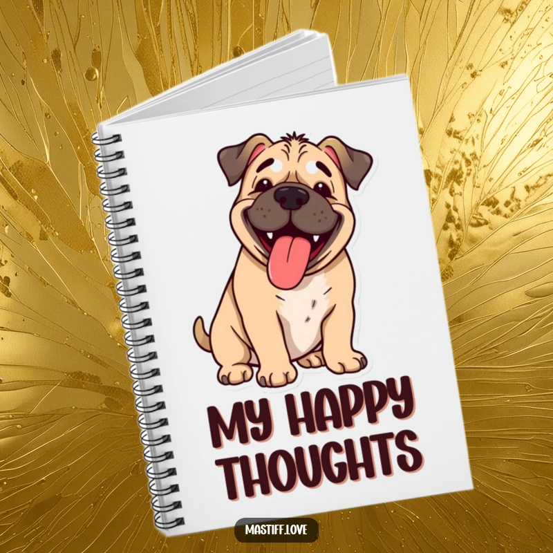 Funny happy mastiff, tongue lolling out, panting with cartoon joy, a fun notebook for happy thoughts, perfect funny gift.