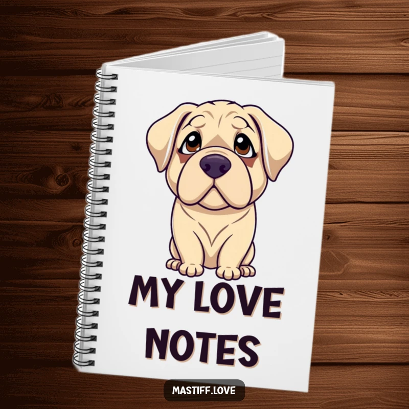 Funny mastiff notebook featuring a gentle dog with droopy eyes looking up with adoration, designed for journaling with canine affection.