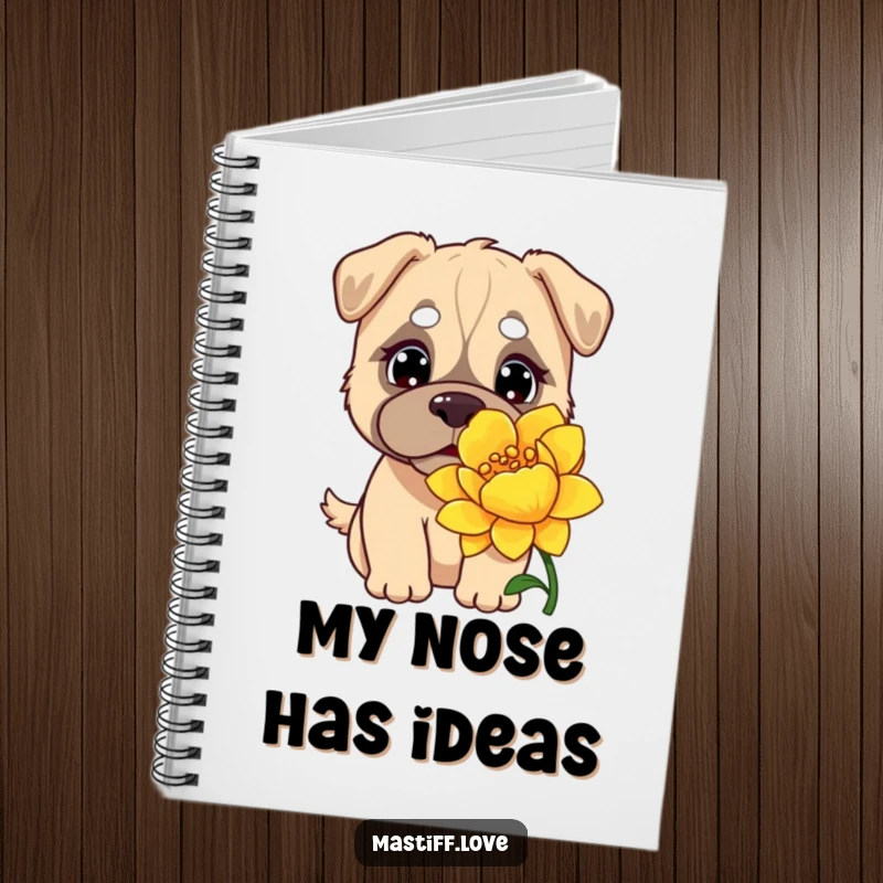 Funny Kawaii Mastiff Notebook: A curious mastiff with innocent eyes, exploring the scent of a comically large, vibrant flower.