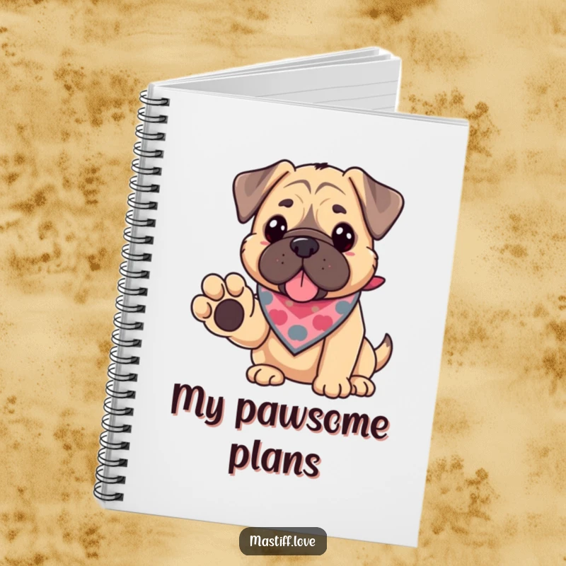 Funny kawaii mastiff notebook, a cute dog with a bandana offering its paw, symbol of trust and collaboration.