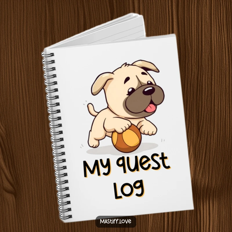 Funny cute mastiff puppy, chasing a rolling ball, a playful and funny notebook for jotting ideas.