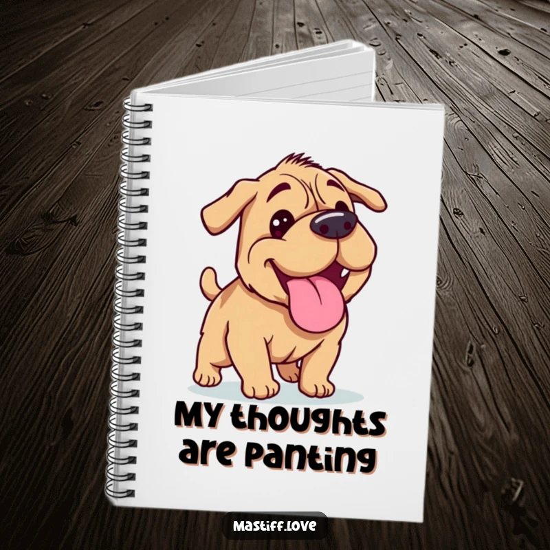 Funny Mastiff notebook showing a happy dog panting its tongue out after a run, good for note-taking.