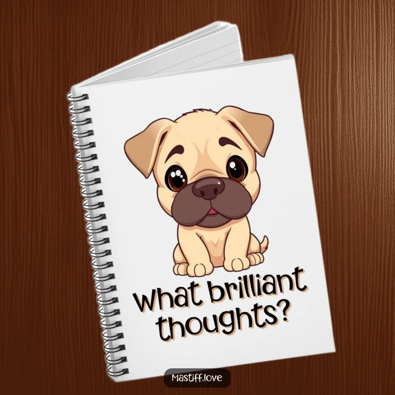 Funny Mastiff puppy notebook showing a cute dog tilting its head with curious, pleading eyes, good for note-taking.